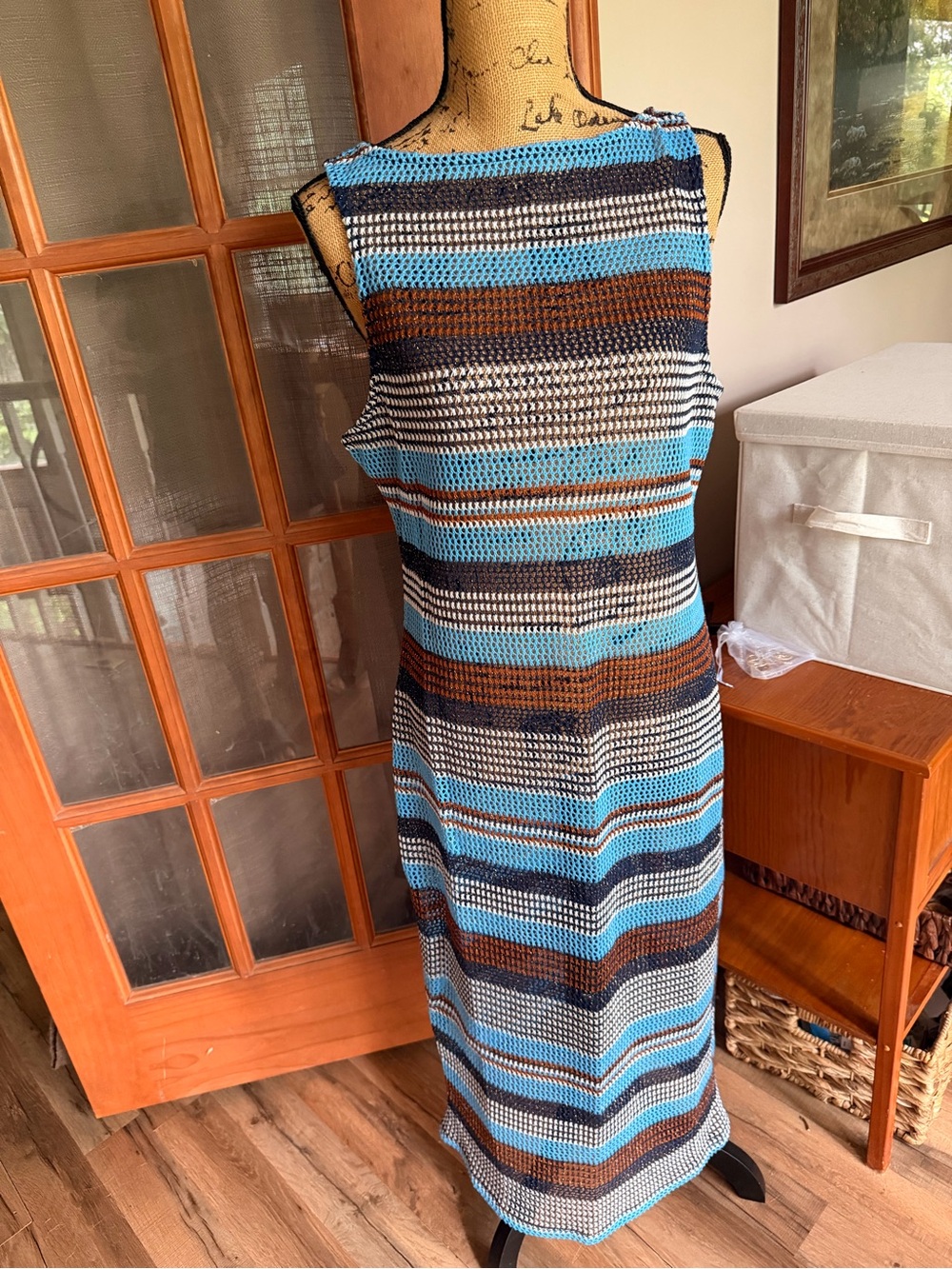 Striped Knit Sleeveless Maxi Mesh Dress in Blue, Brown & Black